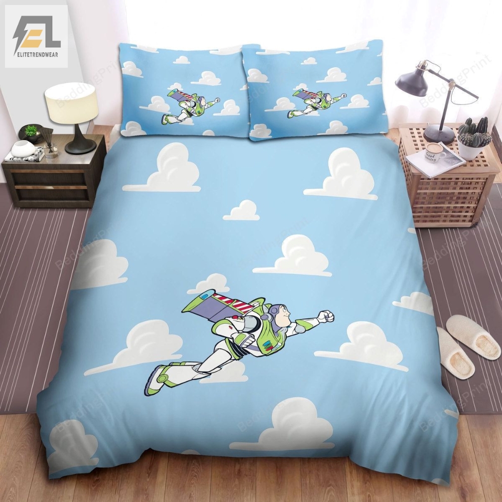 Toy Story Buzz Lightyear Flying On Cloudy Background Bed Sheets Duvet Cover Bedding Sets 
