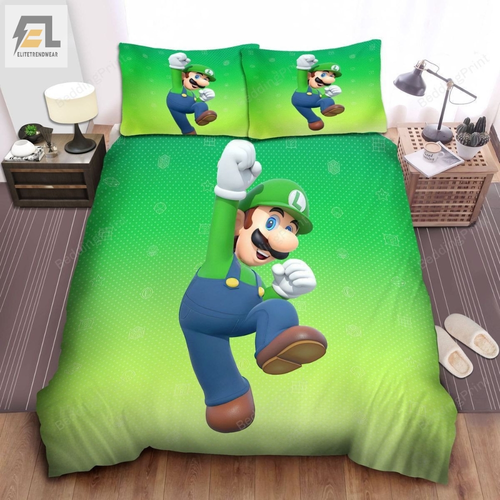 Super Mario Luigi Jumping In Fading Green Background Bed Sheets Duvet Cover Bedding Sets 