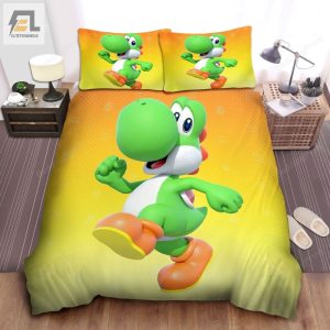 Super Mario Cute Yoshi 3D Illustration On Yellow Bed Sheets Duvet Cover Bedding Sets elitetrendwear 1 1