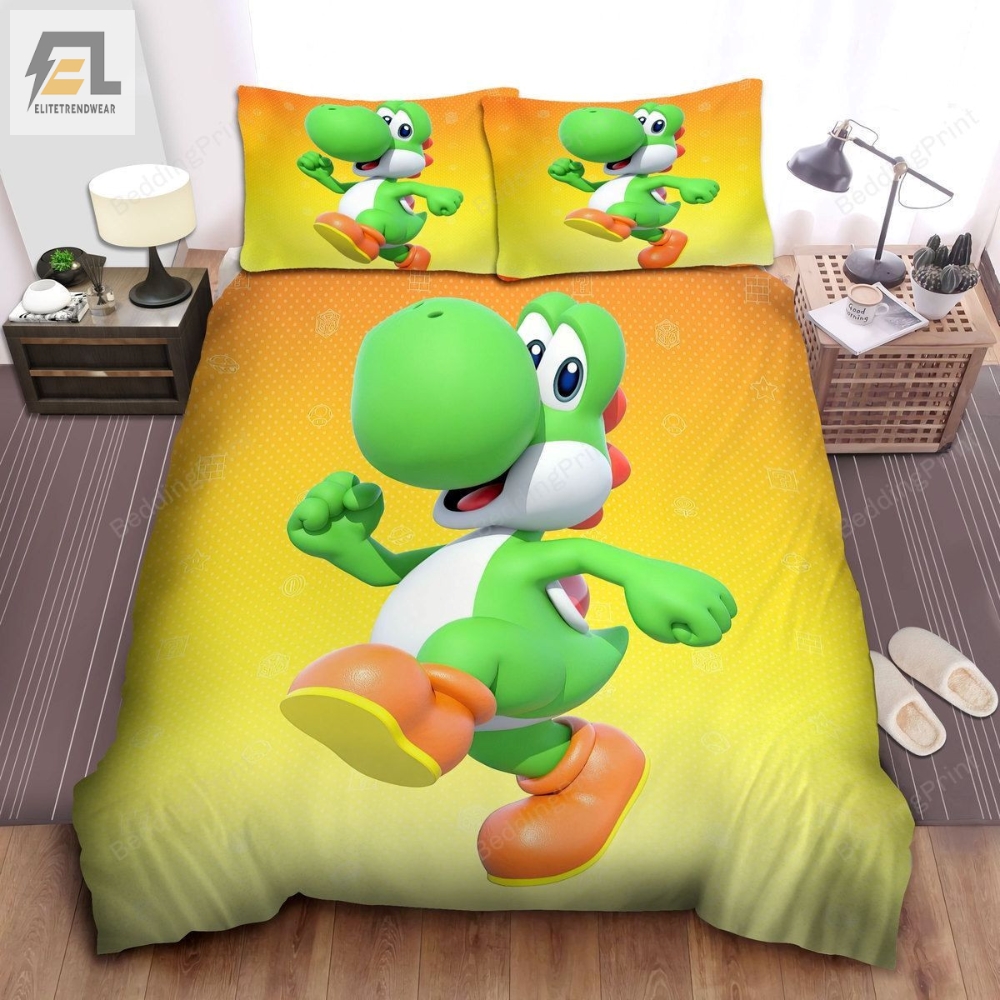 Super Mario Cute Yoshi 3D Illustration On Yellow Bed Sheets Duvet Cover Bedding Sets 