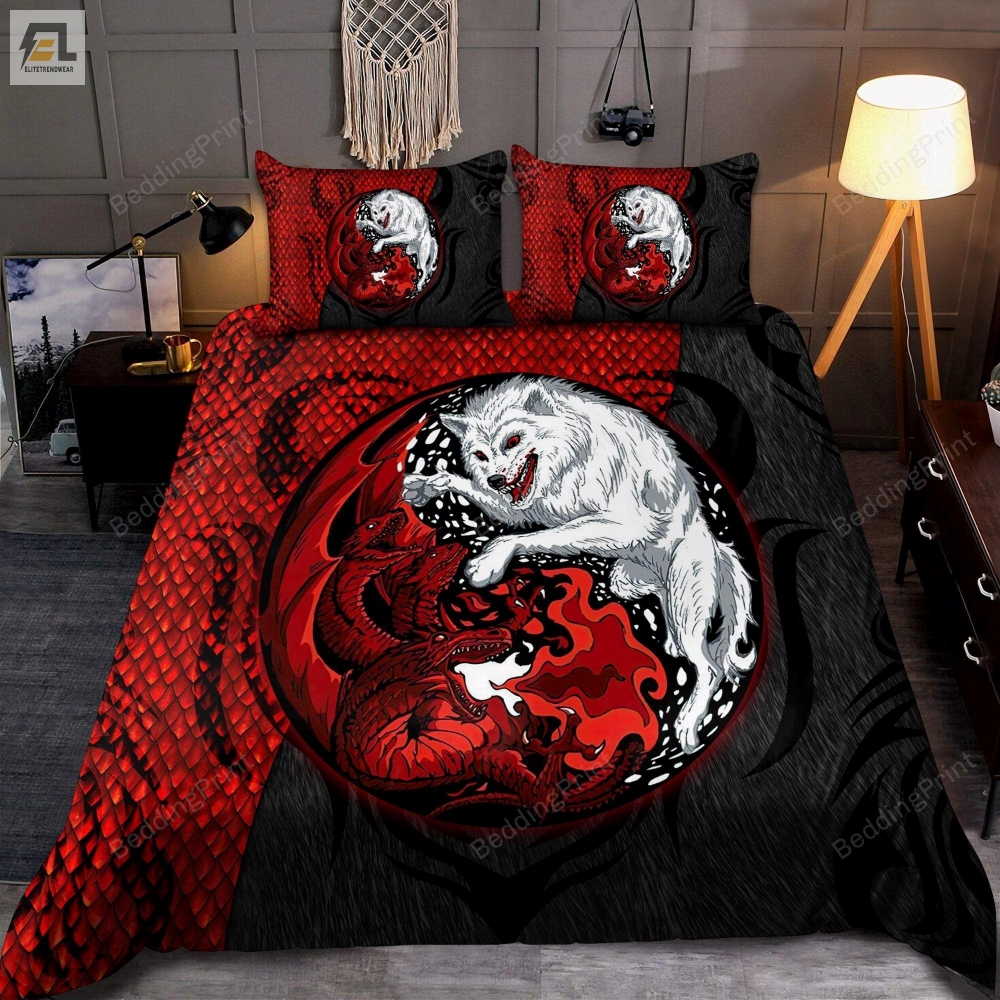 Red  Black Dragon And Wolf Bed Sheets Duvet Cover Bedding Sets 
