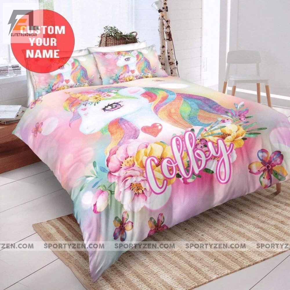 Unicorn Pink Pastel For Girls Custom Name Duvet Cover Bedding Set 