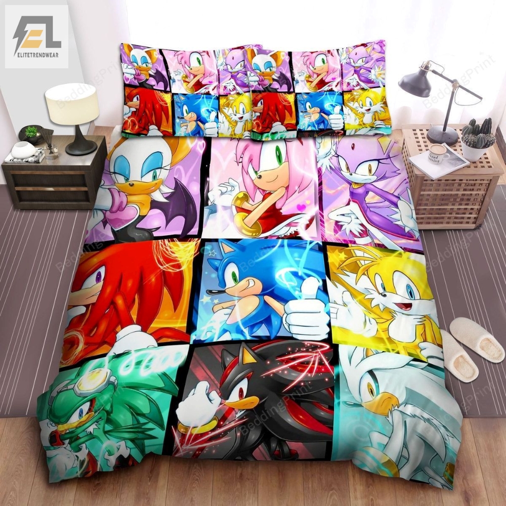 Sonic The Hedgehog  Friends In Square Split Art Bed Sheets Duvet Cover Bedding Sets 