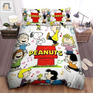 Peanuts Characters Dancing Around Snoopy Dog House Bed Sheets Duvet Cover Bedding Sets elitetrendwear 1 1