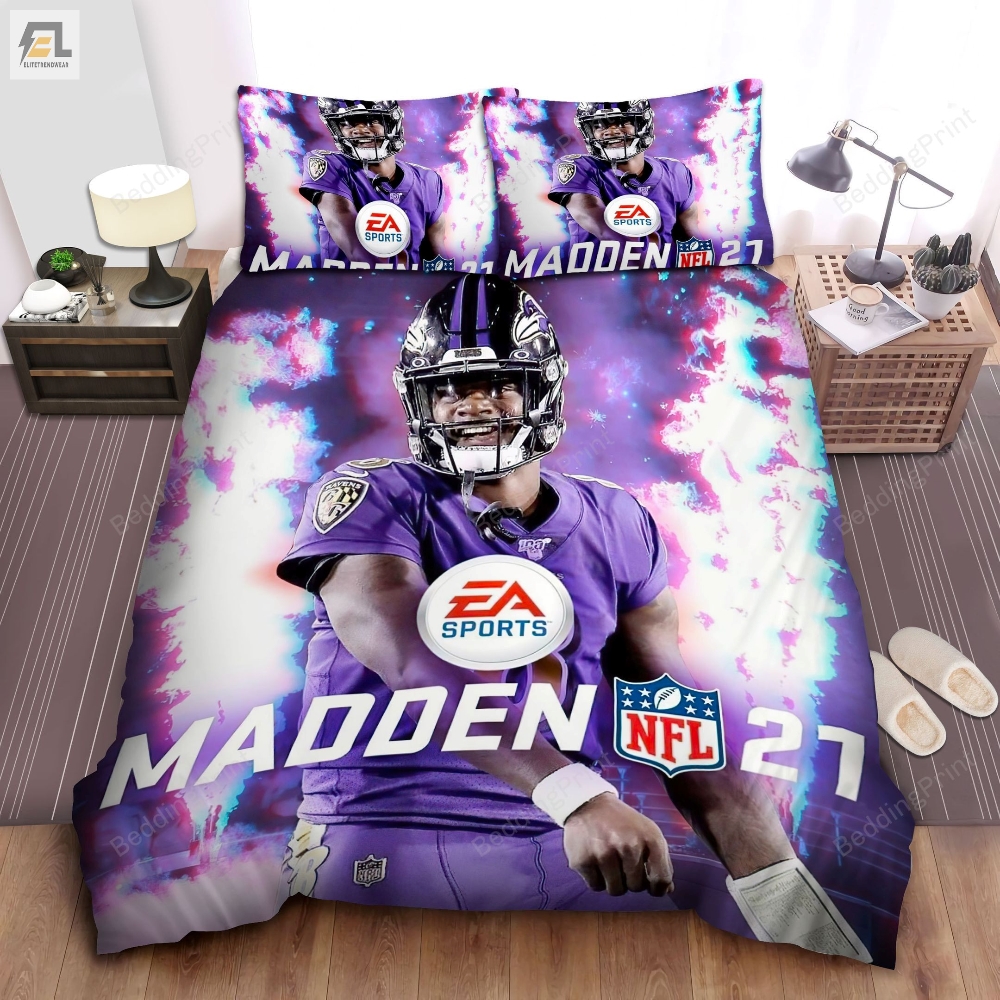 Madden Nfl 21 Lamar Jackson Cover Athlete Bed Sheets Duvet Cover Bedding Sets 