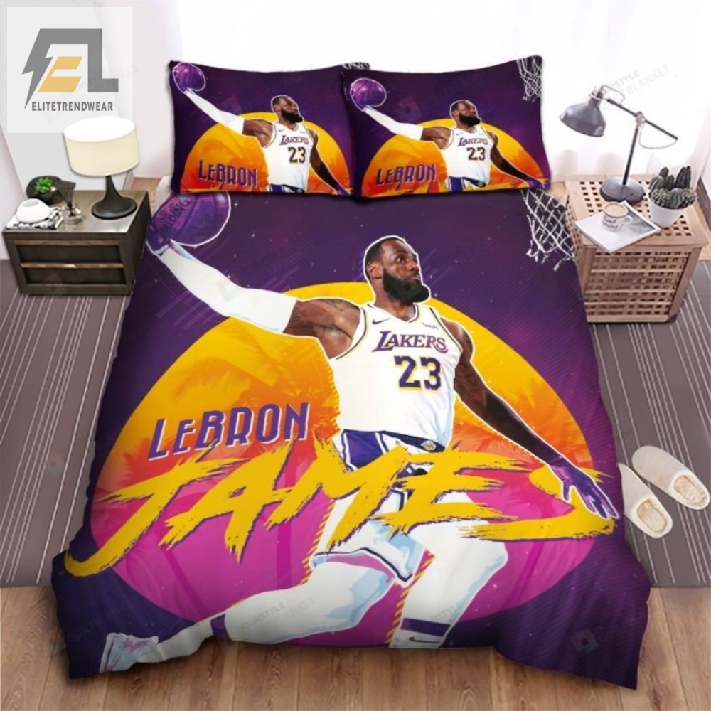 Los Angeles Lakers Lebron James Dunk In Retrowave Background Bed Sheet Duvet Cover Bedding Sets 