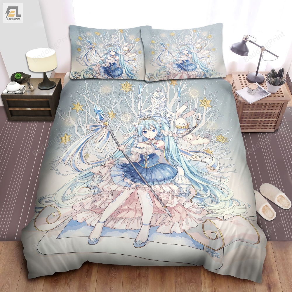 Hatsune Miku With Rabbit Yukine  Gold Snowflakes Bed Sheets Duvet Cover Bedding Sets 