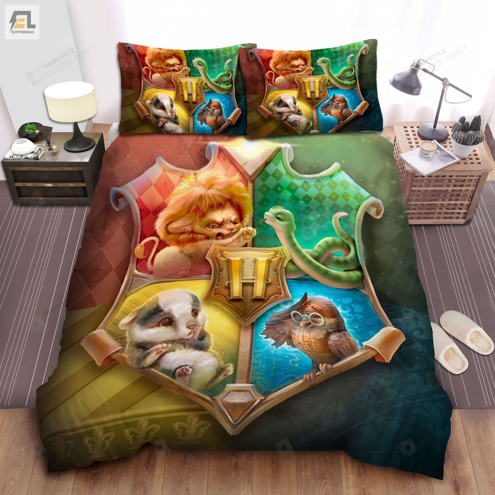 Harry Potter Cute Little Animals Symbol Of Houses In Hogwarts Crest Bed Sheets Duvet Cover Bedding Sets 