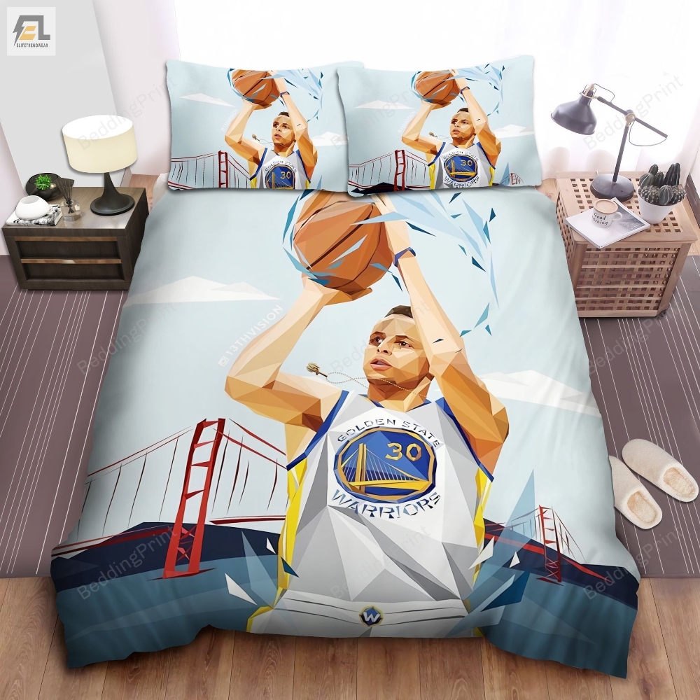 Golden State Warriors Stephen Curry 3 Point Shot Illustration Bed Sheet Duvet Cover Bedding Sets 
