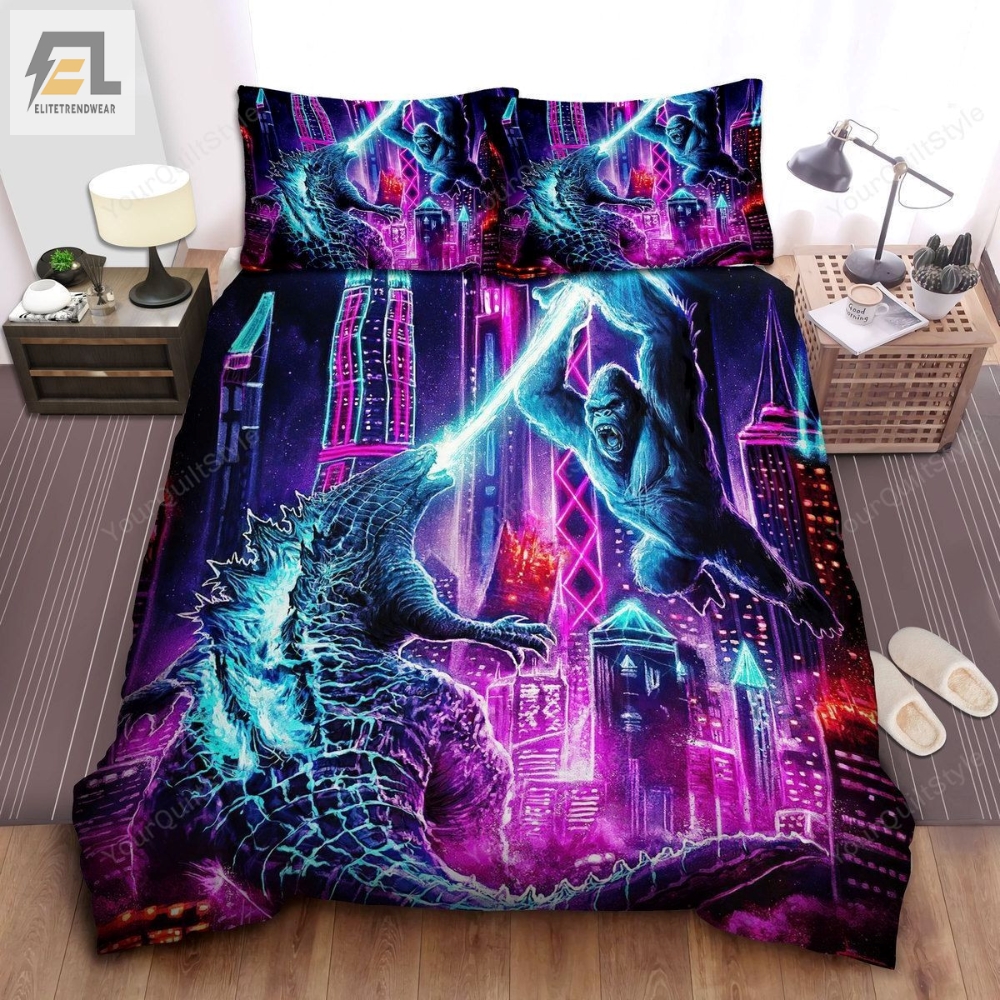 Godzilla  Kong Fighting In Neon Lights City Bed Sheets Duvet Cover Bedding Sets 