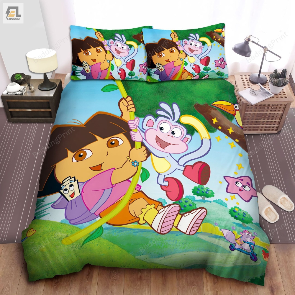 Dora The Explorer Swinging With Animal Friends Bed Sheets Duvet Cover Bedding Sets 