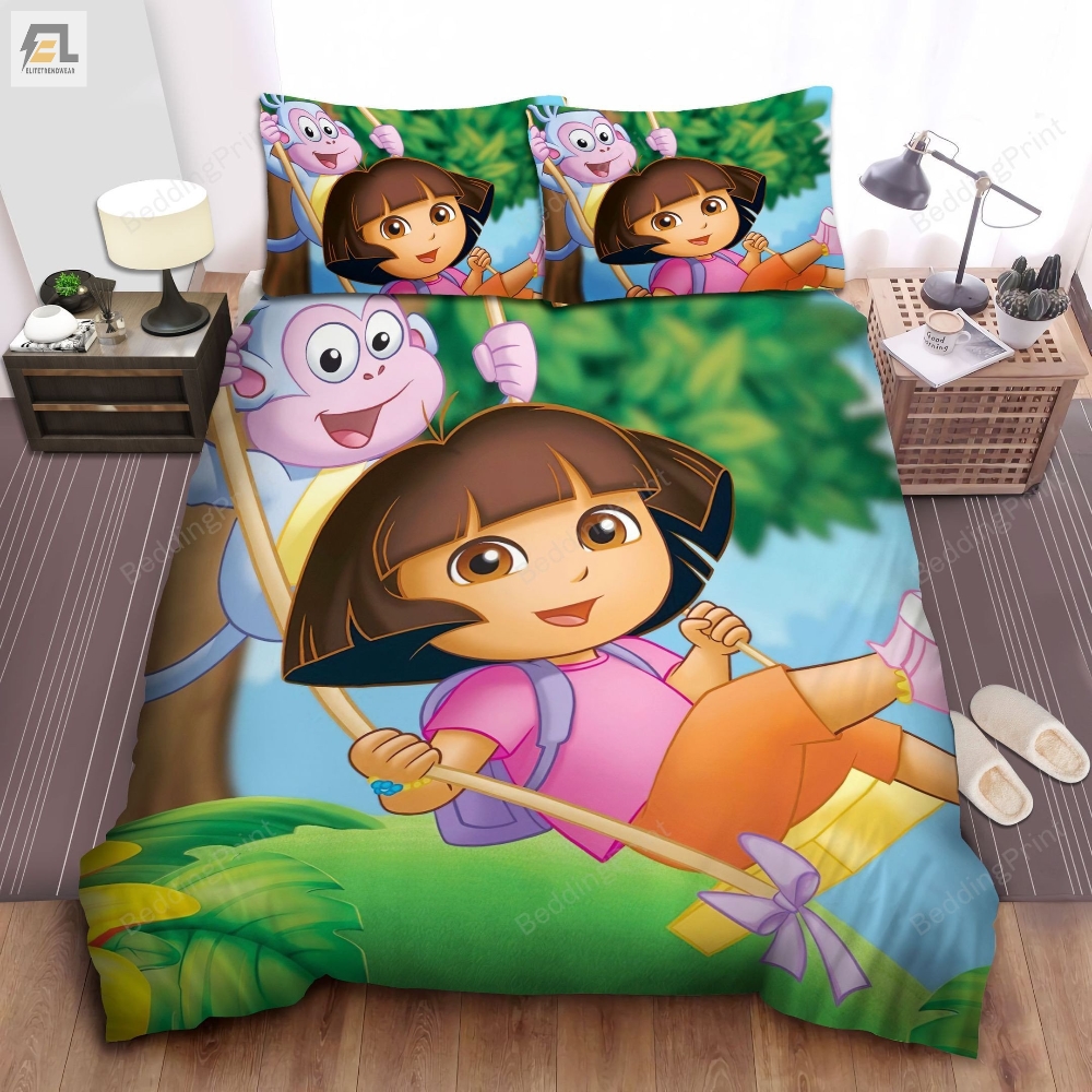 Dora The Explorer Dora And Boots Swinging Bed Sheets Duvet Cover Bedding Sets 