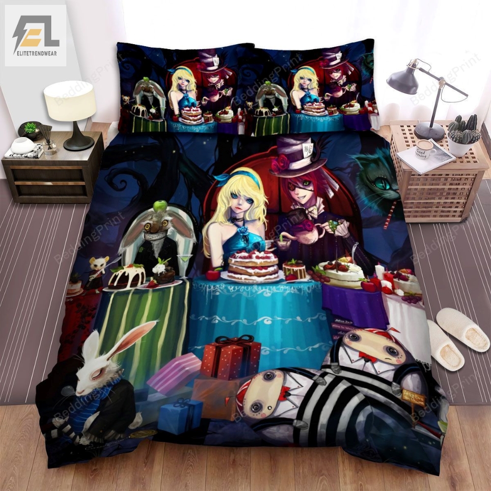 Alice In Wonderland Characters At Mad Tea Party Emo Art Bed Sheets Spread Duvet Cover Bedding Sets 