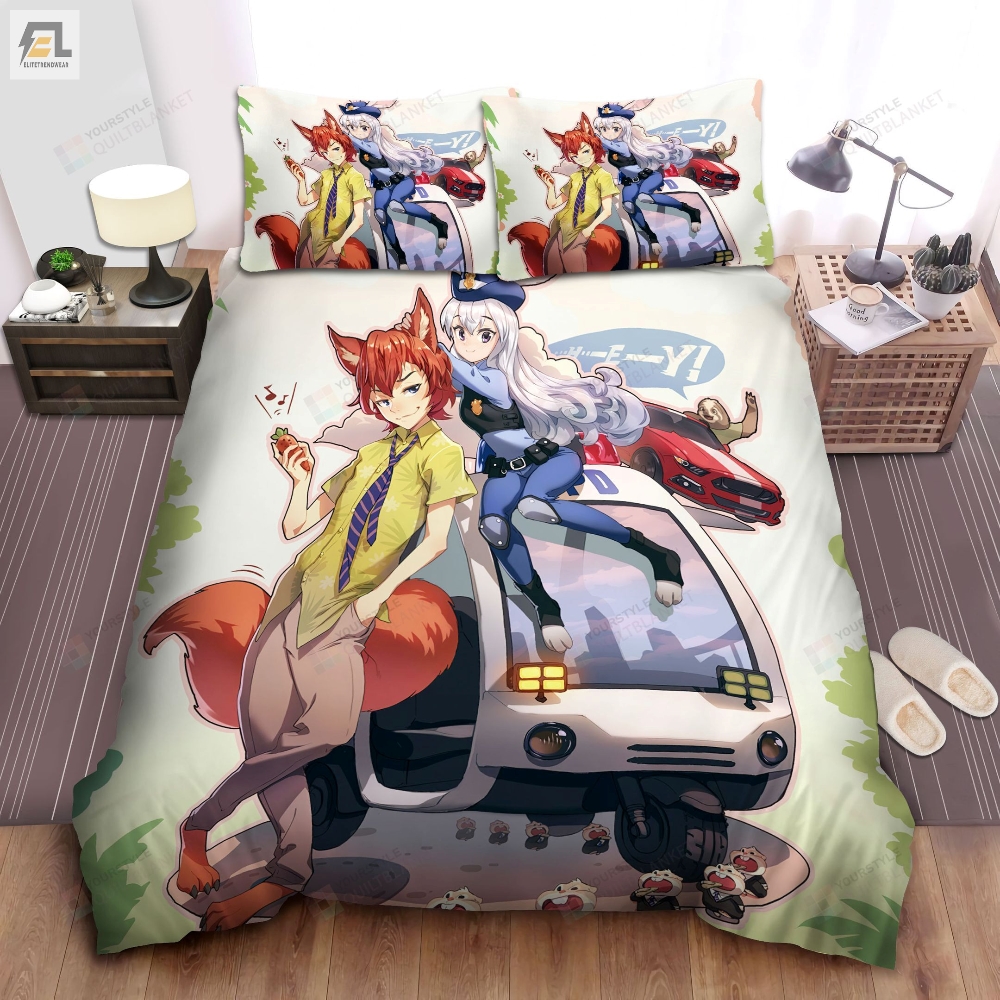 Zootopia Nick And Judy In Anime Illustration Bed Sheets Spread Comforter Duvet Cover Bedding Sets 
