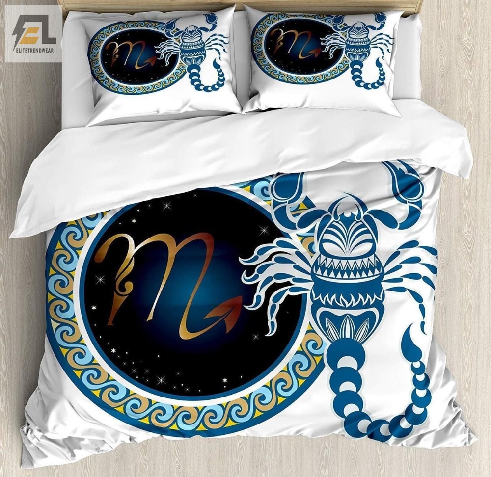 Zodiac Scorpio King Size Duvet Cover Set Ornamental Scorpion Bedding Set Blue Indigo Pale Brown 