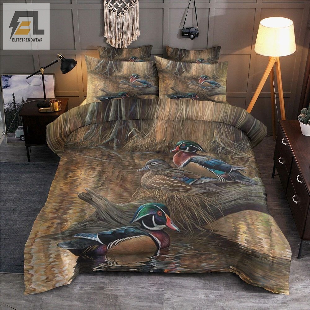 Wood Duck Playing By The Lake Bedding Set Duvet Cover Pillow Cases 