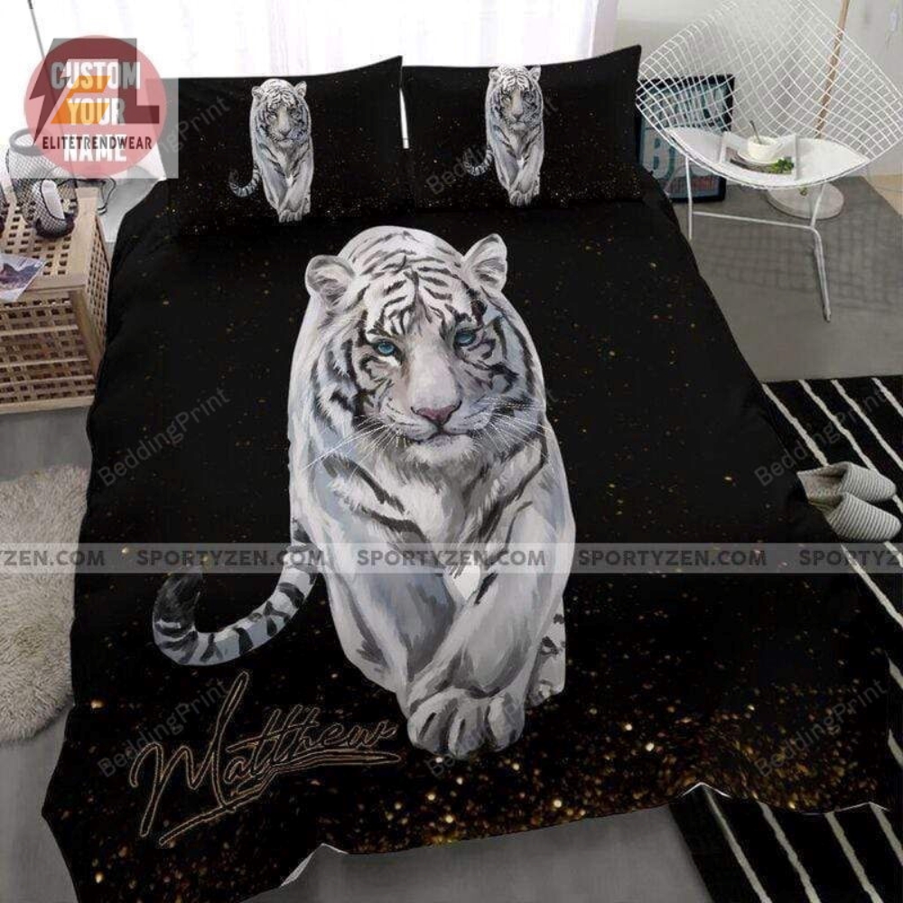 White Tiger Personalized Custom Name Duvet Cover Bedding Set 