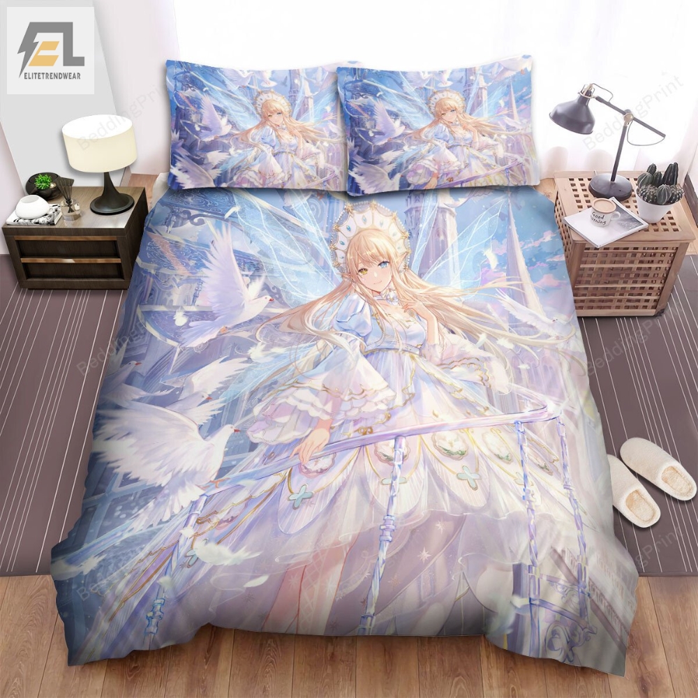 White Fairy Queen Anime Art Style Bed Sheets Spread Duvet Cover Bedding Sets 