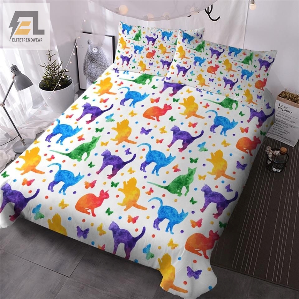 Watercolour Rainbow Cats Bed Sheets Duvet Cover Bedding Sets 