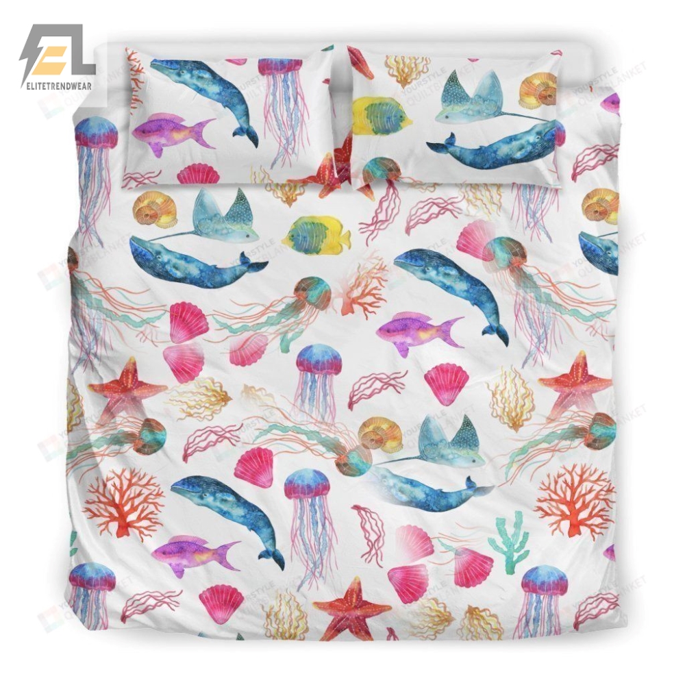 Watercolor Ocean Bed Sheets Spread Duvet Cover Bedding Sets With Whales And Fish 