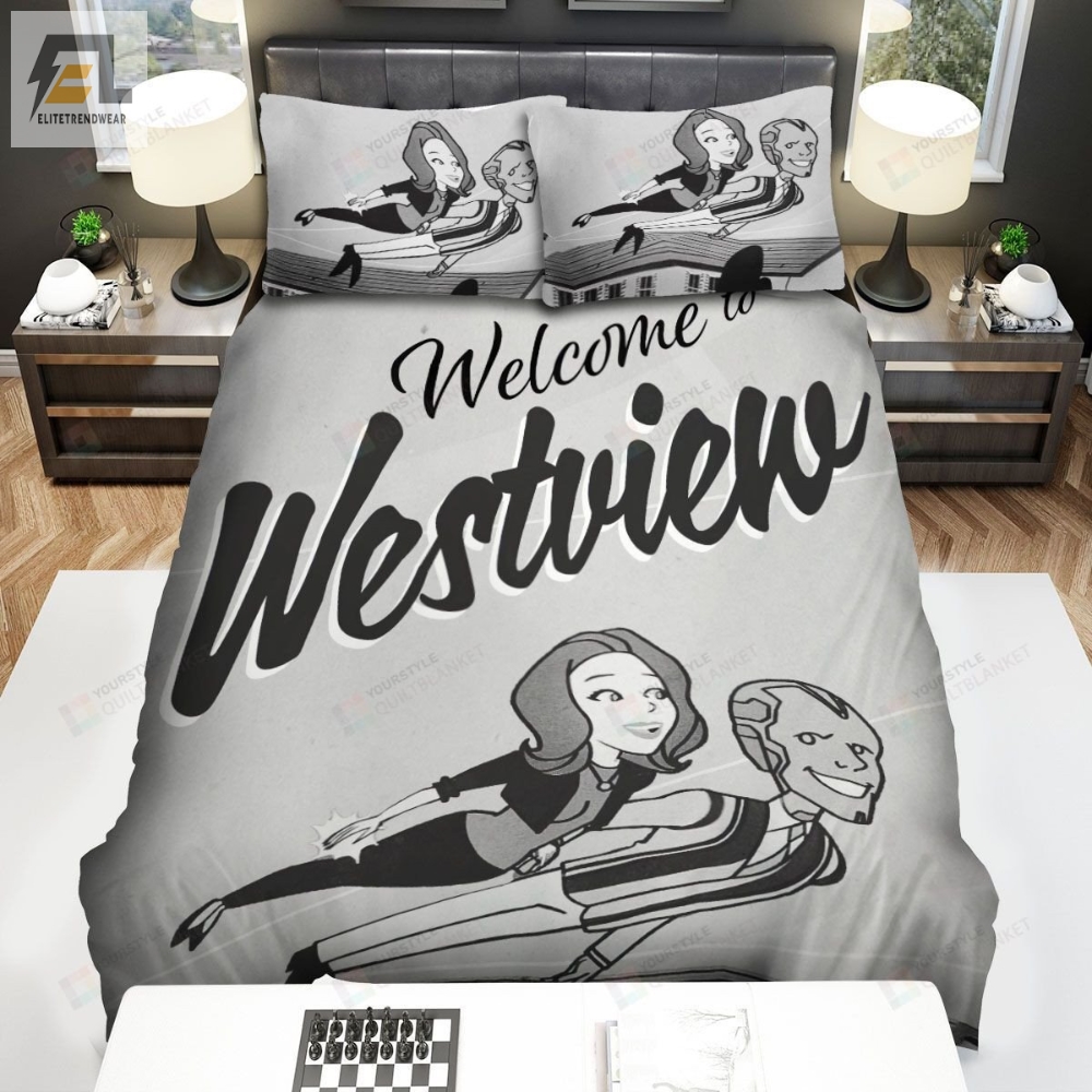 Wandavision Welcome To Westview Cartoon In Black And White Bed Sheets Spread Comforter Duvet Cover Bedding Sets 