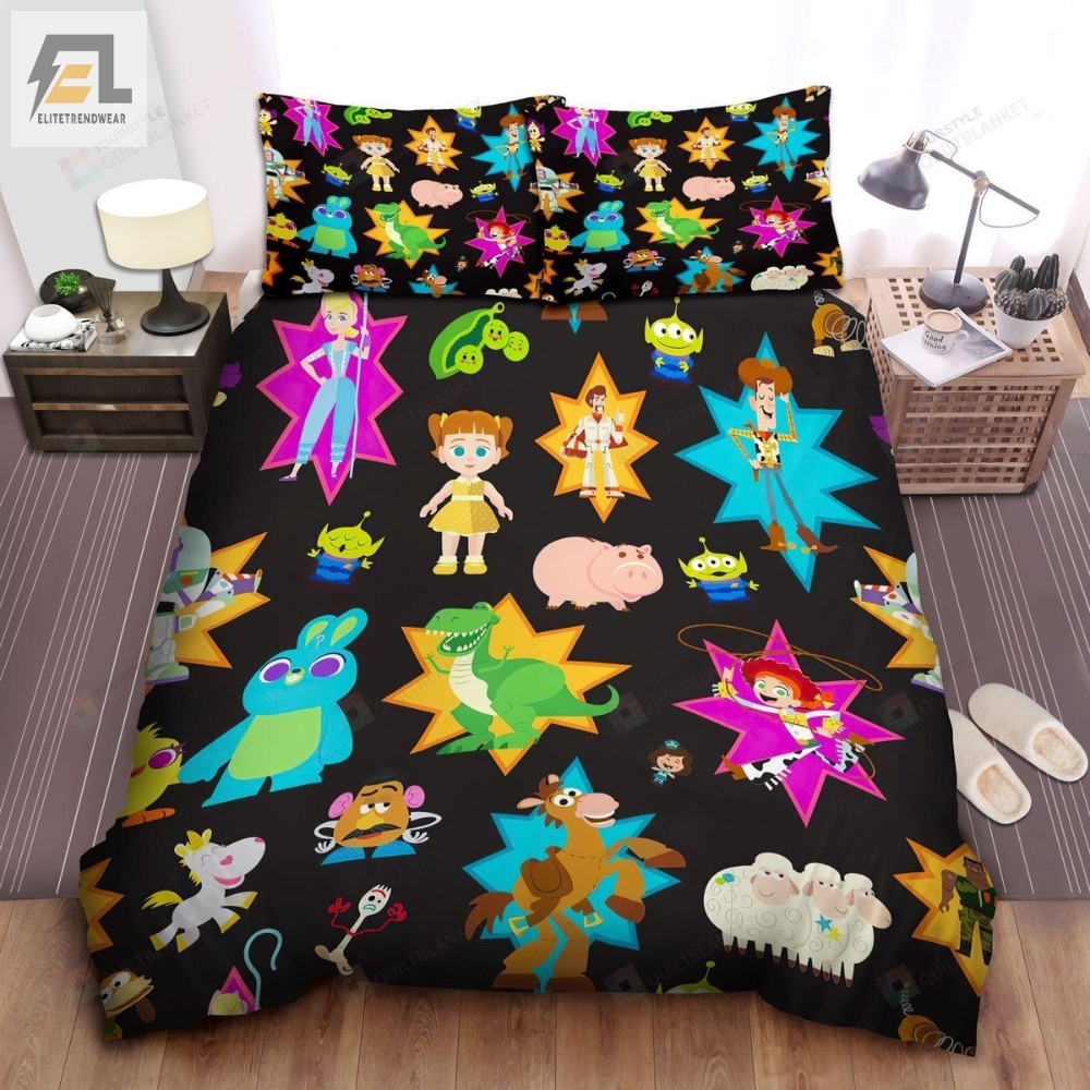Walt Disney Toy Story 4 Characters In Cute Pattern On Black Bed Sheets Spread Comforter Duvet Cover Bedding Sets 