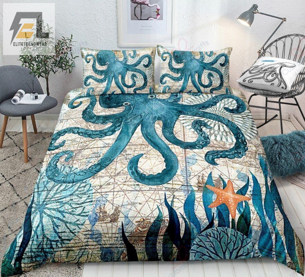 Vintage Blue Octopus Bedding Set Duvet Cover  Pillow Cases 
