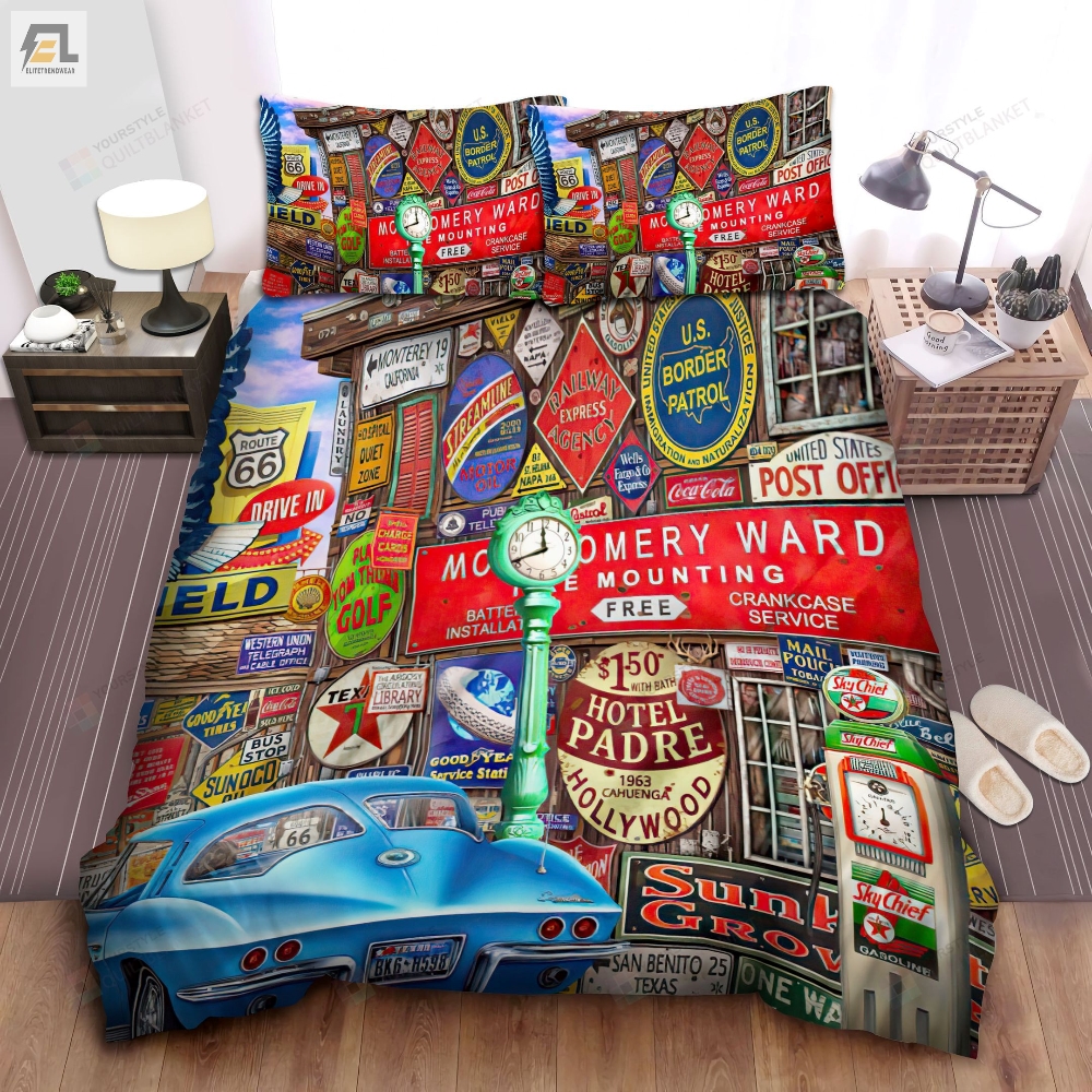 Vintage Advertisement Posters On Route 66 Bed Sheets Spread Comforter Duvet Cover Bedding Sets 