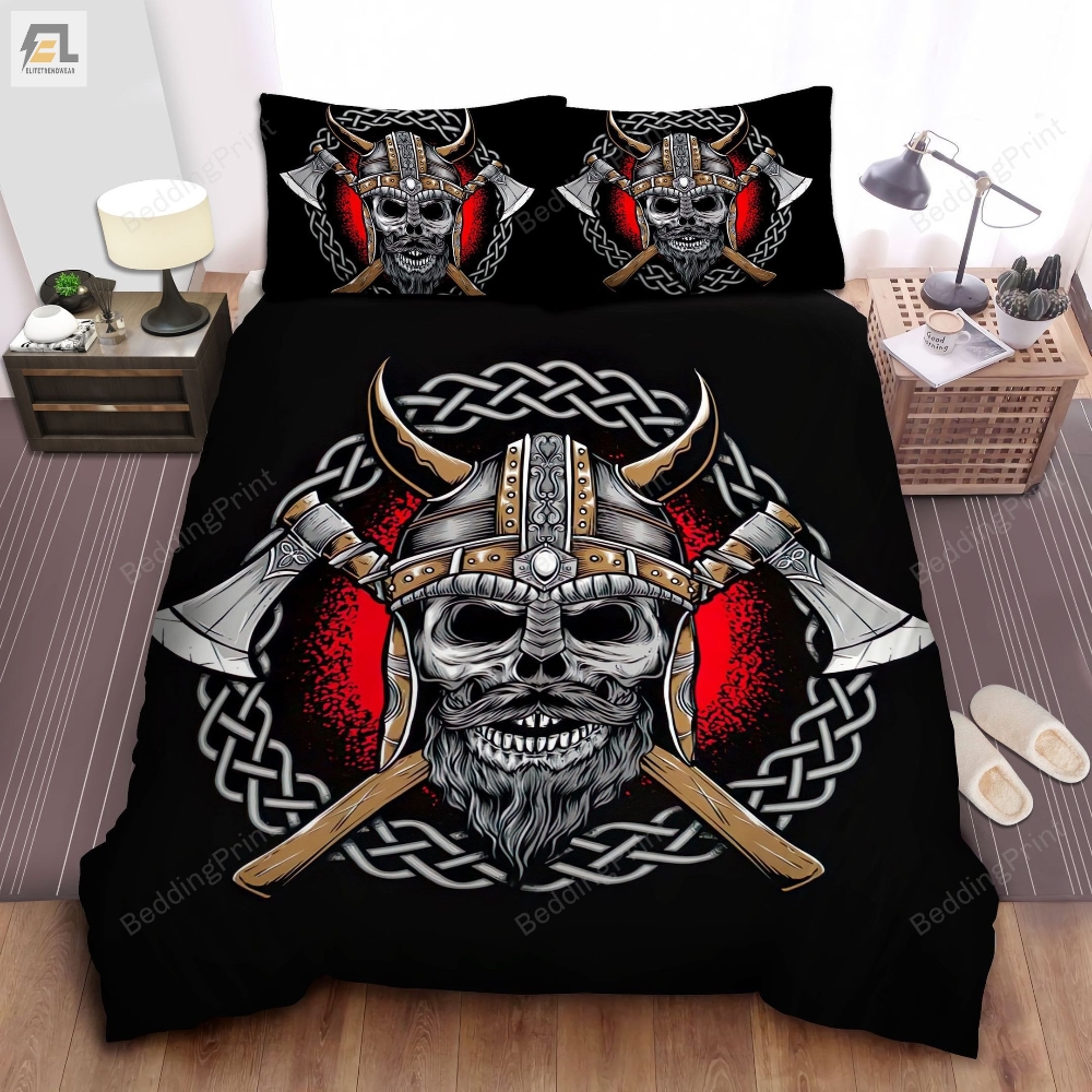 Viking Axes And Skull Design On Black Bed Sheets Duvet Cover Bedding Sets 