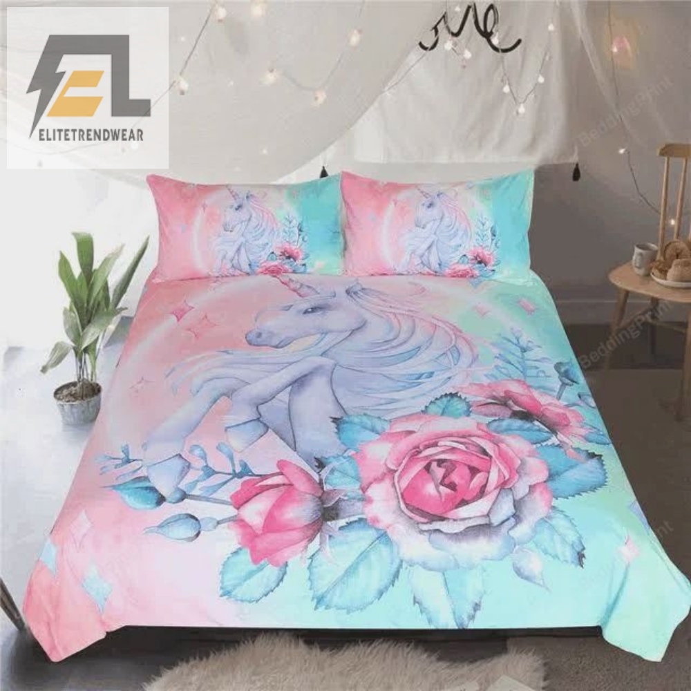 Unicorn With Blue Pink Flowers Pattern Bed Sheets Duvet Cover Bedding Sets Perfect Gifts For Unicorn Lover 