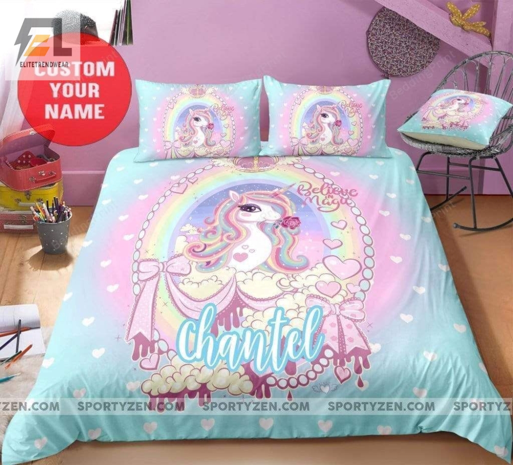 Unicorn Princess Believe In Magic Pastel Custom Name Duvet Cover Bedding Set 