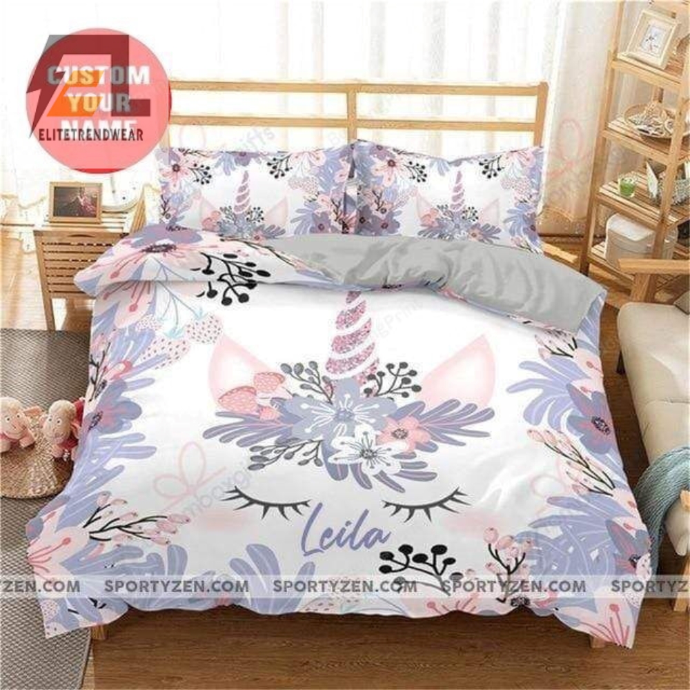 Unicorn Floral Purple Pastel Custom Name Duvet Cover Bedding Set 