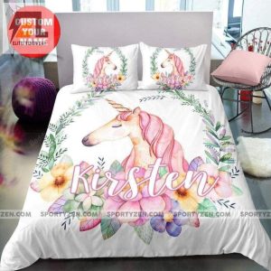 Unicorn And Flower Pastel For Girls Personalized Custom Name Duvet Cover Bedding Set elitetrendwear 1 1