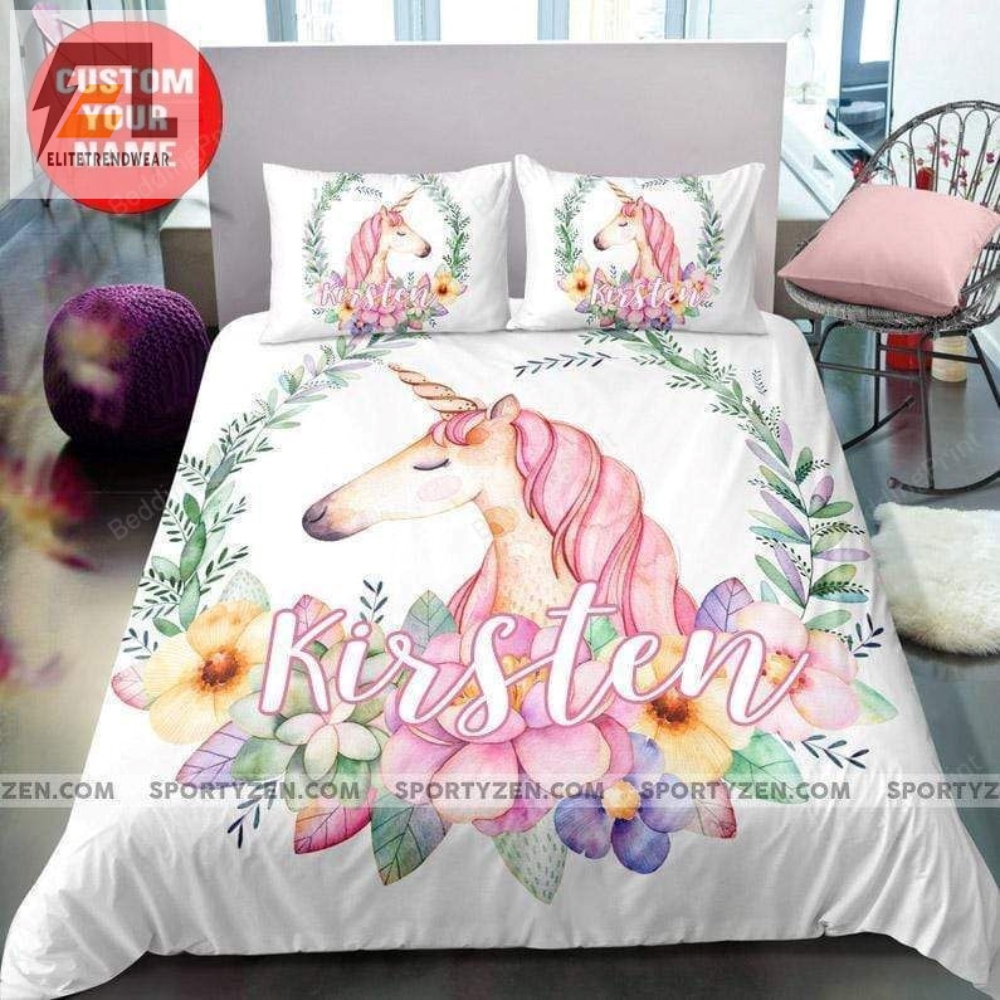 Unicorn And Flower Pastel For Girls Personalized Custom Name Duvet Cover Bedding Set 