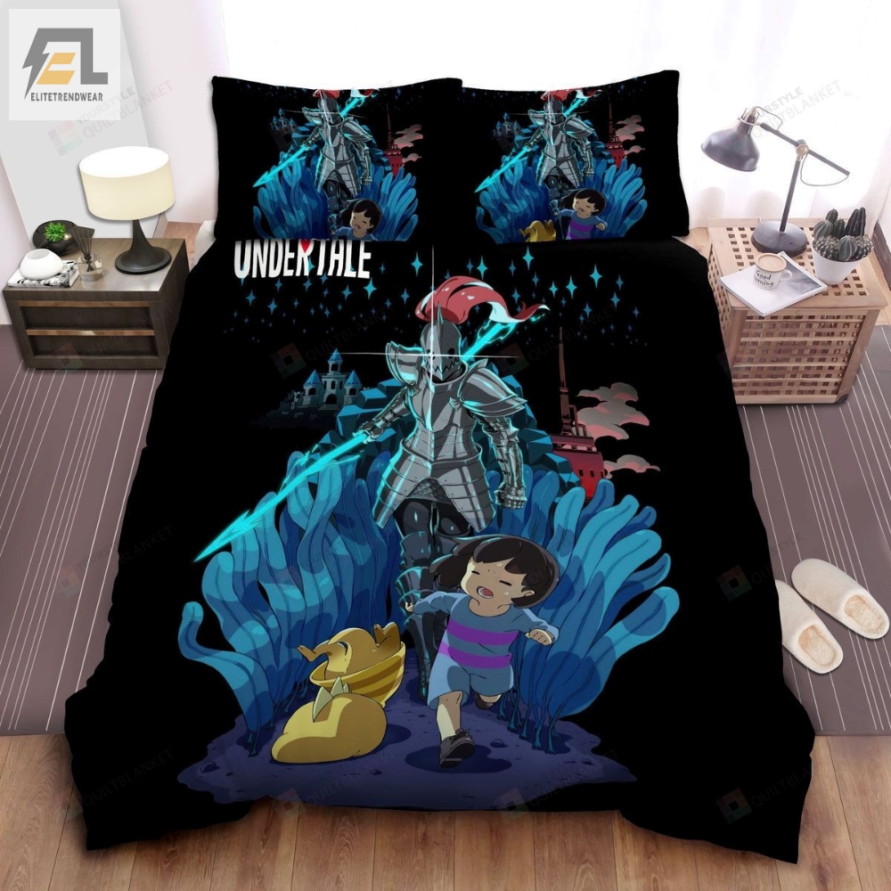 Undertale Frisk Running Away From Undyne Anime Art Style Bed Sheets Spread Comforter Duvet Cover Bedding Sets 