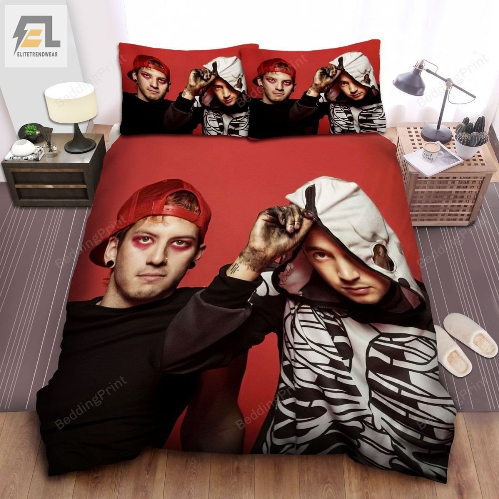 Twenty One Pilots Members In Red Background Image Bed Sheets Duvet Cover Bedding Sets 