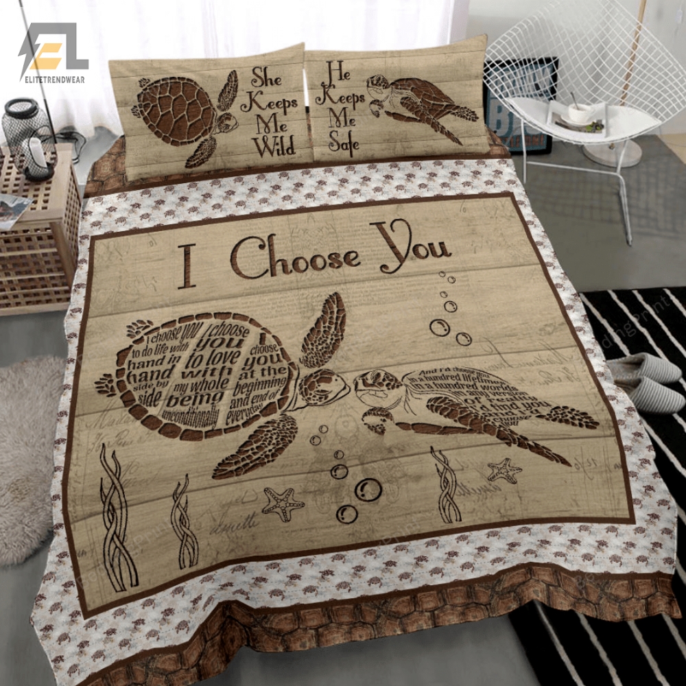 Turtle Couple Love Wood Pattern Duvet Cover Bedding Set 