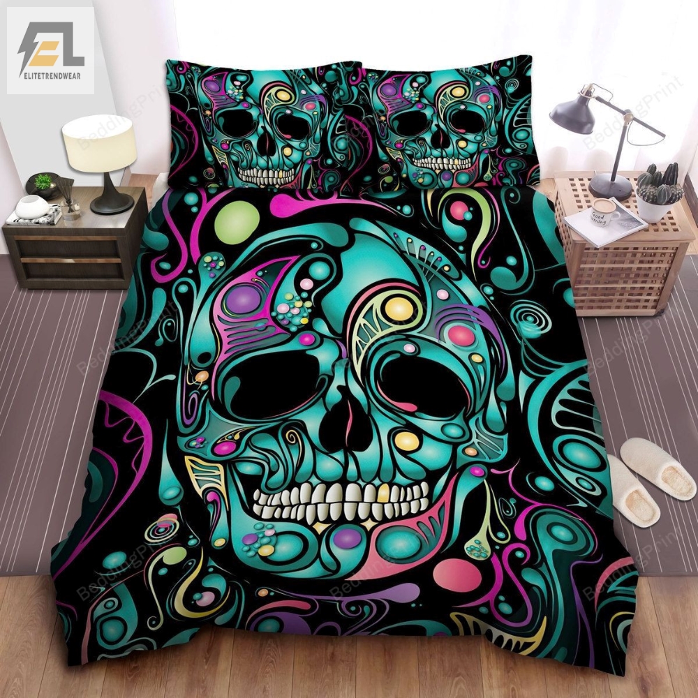 Turquoise Skull With Trippy Pattern Bed Sheets Duvet Cover Bedding Sets 