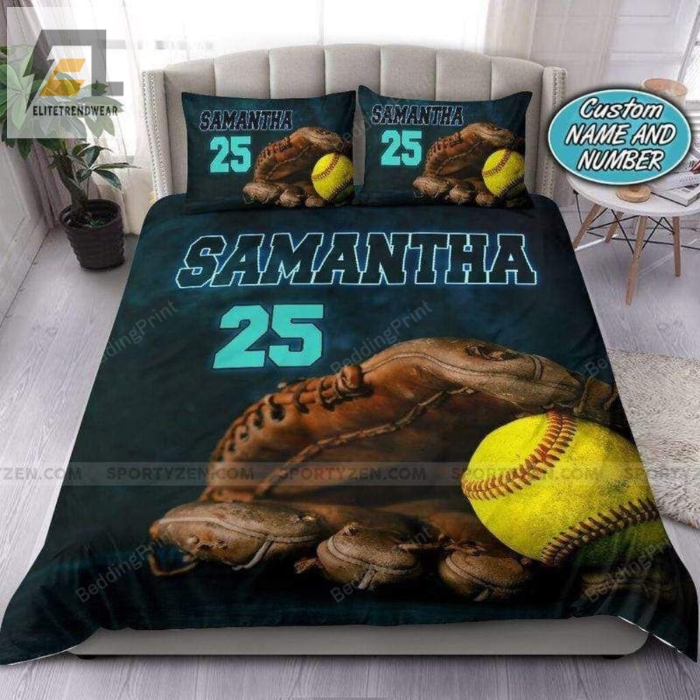Turquoise Green Softball Ball In Glove Custom Duvet Cover Bedding Set With Your Name 