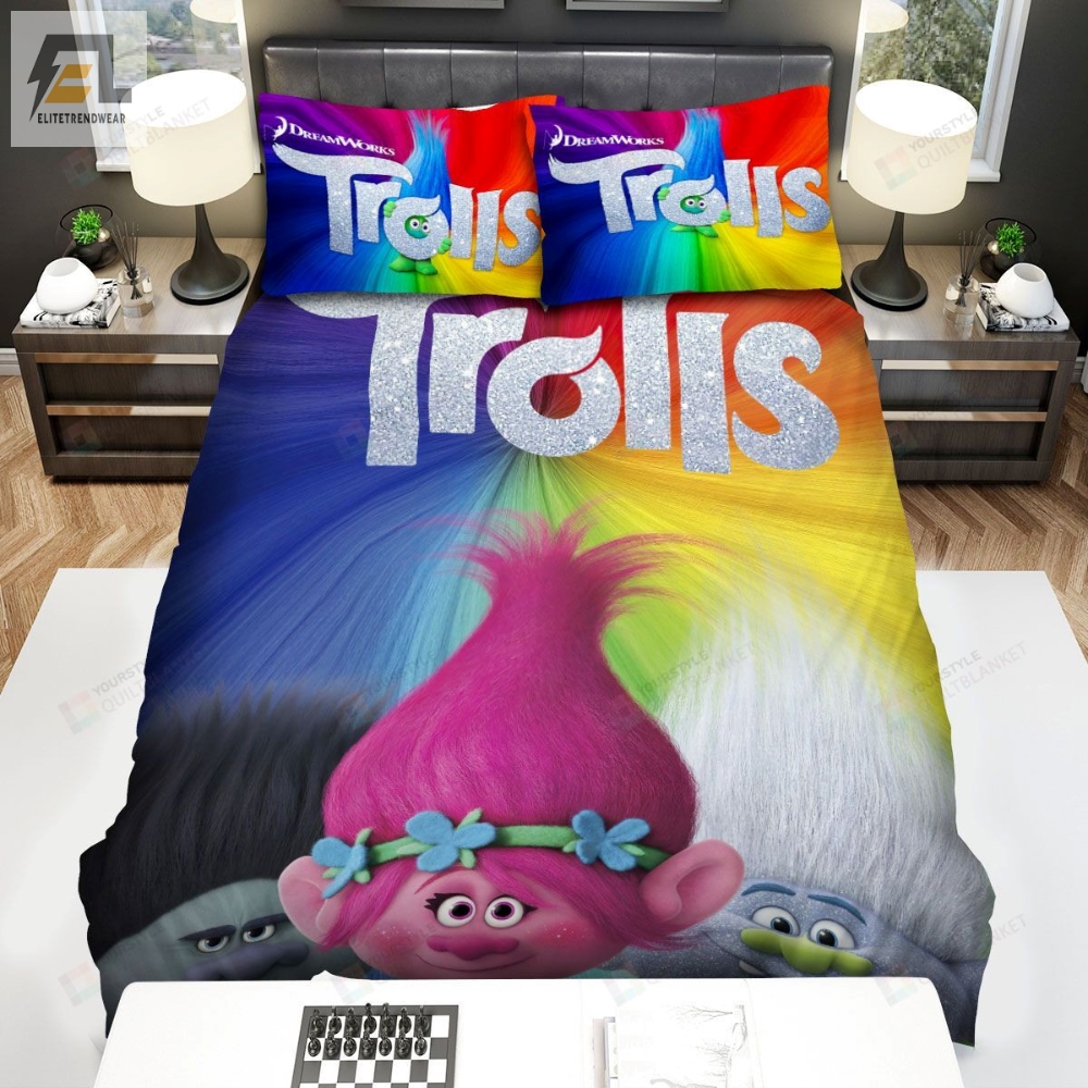 Trolls Characters In Rainbow Background Bed Sheets Spread Comforter Duvet Cover Bedding Sets 