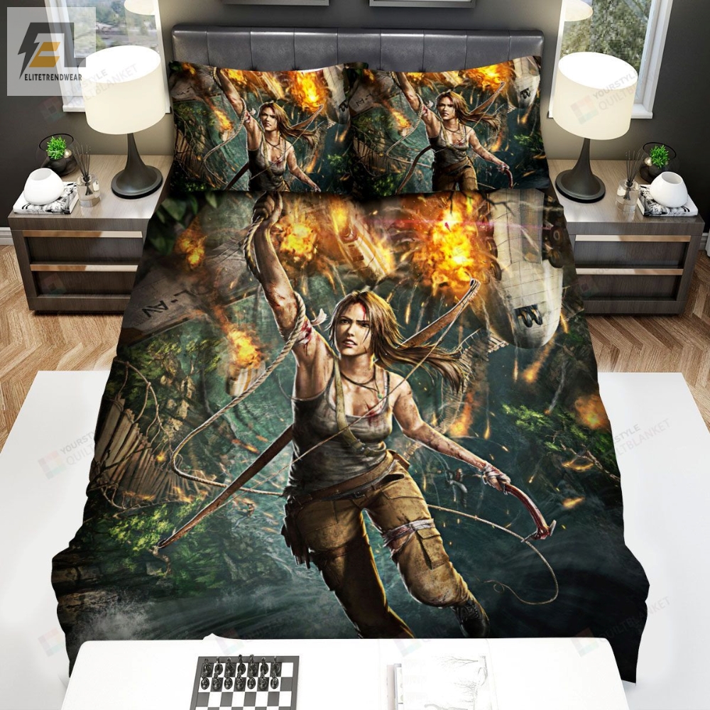 Tomb Raider Lara Croft And The Exploded Plane Bed Sheets Duvet Cover Bedding Sets 