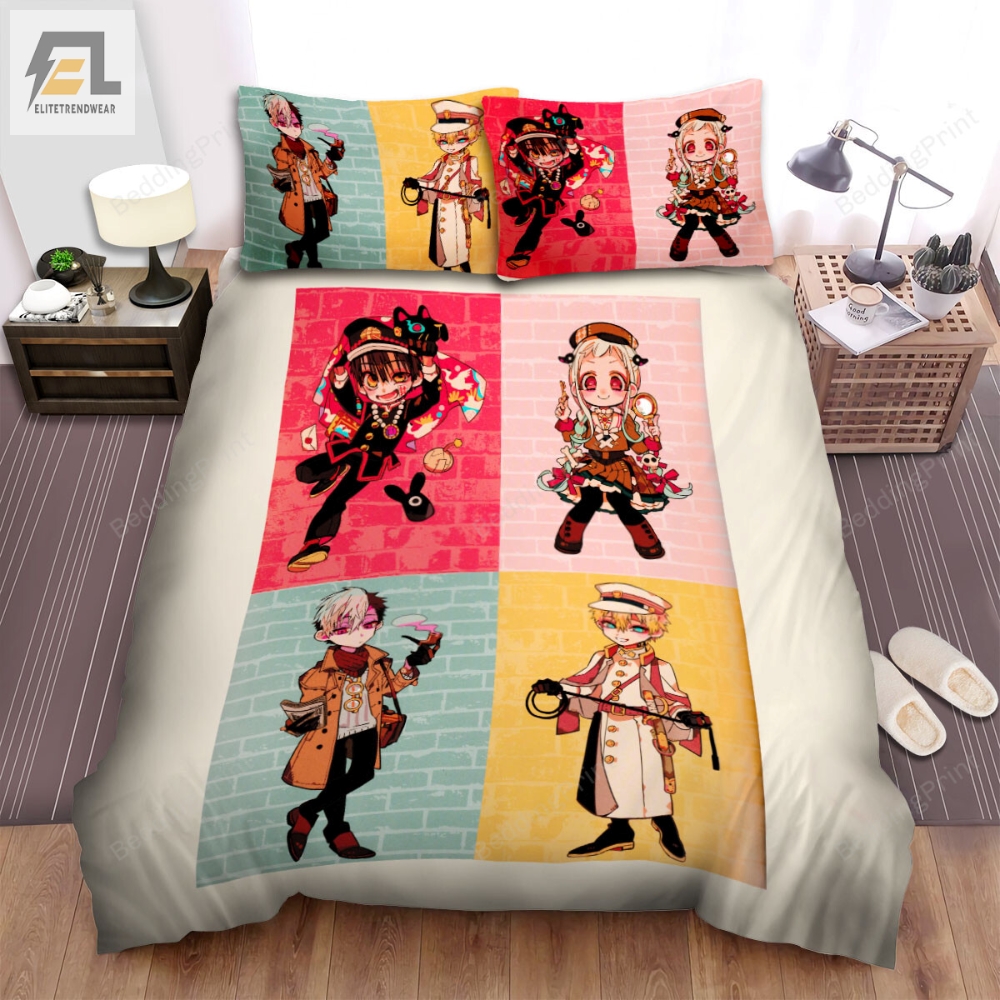 Toiletbound Hanakokun Four Main Characters Artwork Bed Sheets Spread Duvet Cover Bedding Sets 