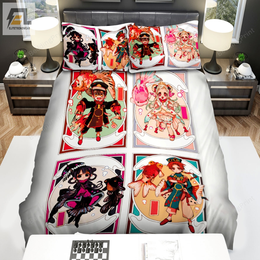 Toiletbound Hanakokun Four Characters  Their Fish Form Artwork Bed Sheets Spread Duvet Cover Bedding Sets 