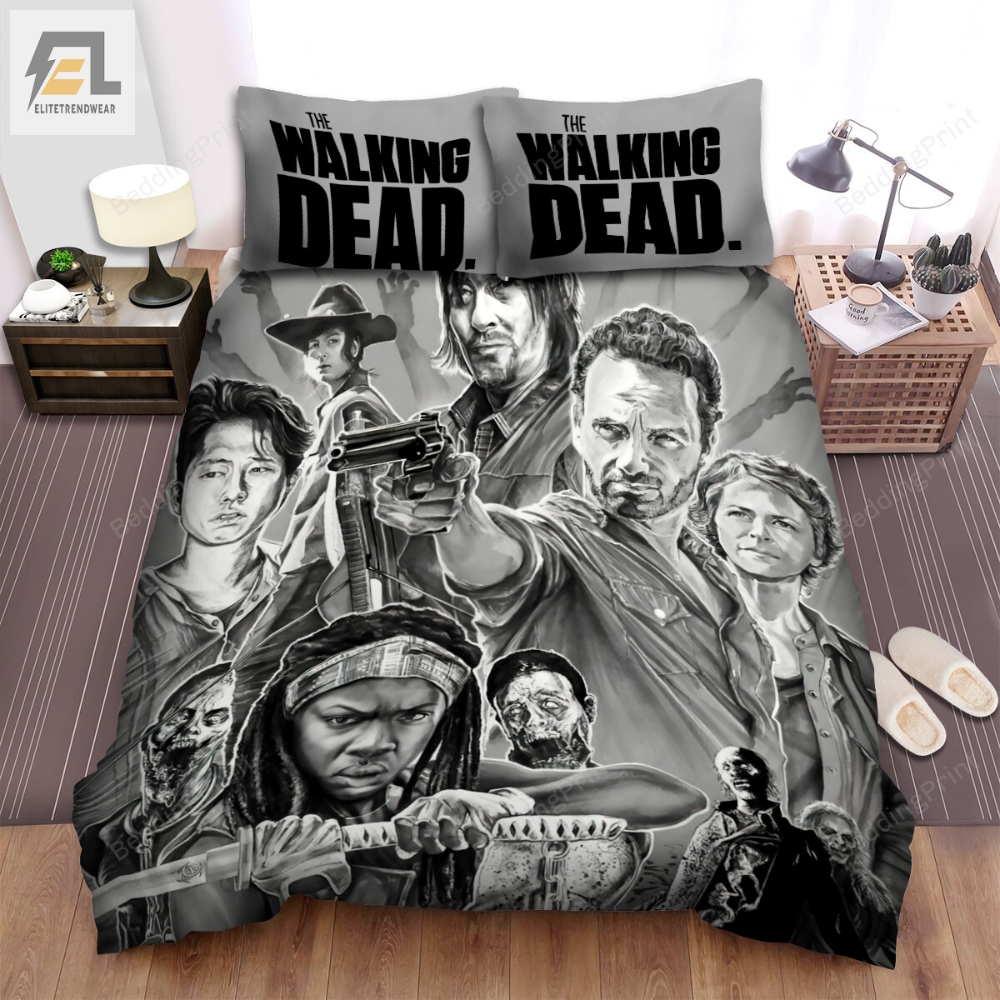 The Walking Dead The Men With Gun The Girl With Sword And Many Deads Surrounding Art Picture Bed Sheets Duvet Cover Bedding Sets elitetrendwear 1