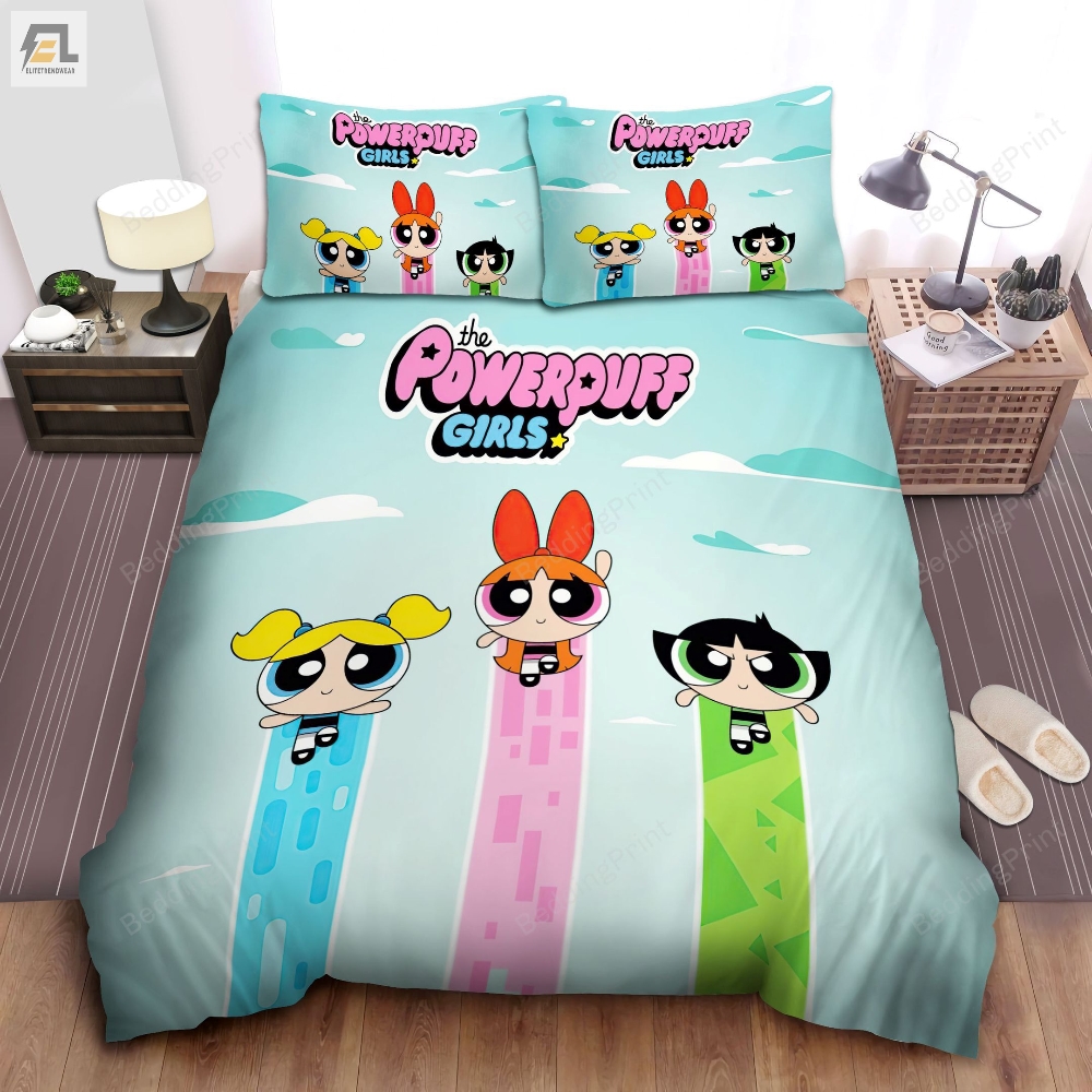 The Powerpuff Girls Flying In The Sky Bed Sheets Duvet Cover Bedding Sets 
