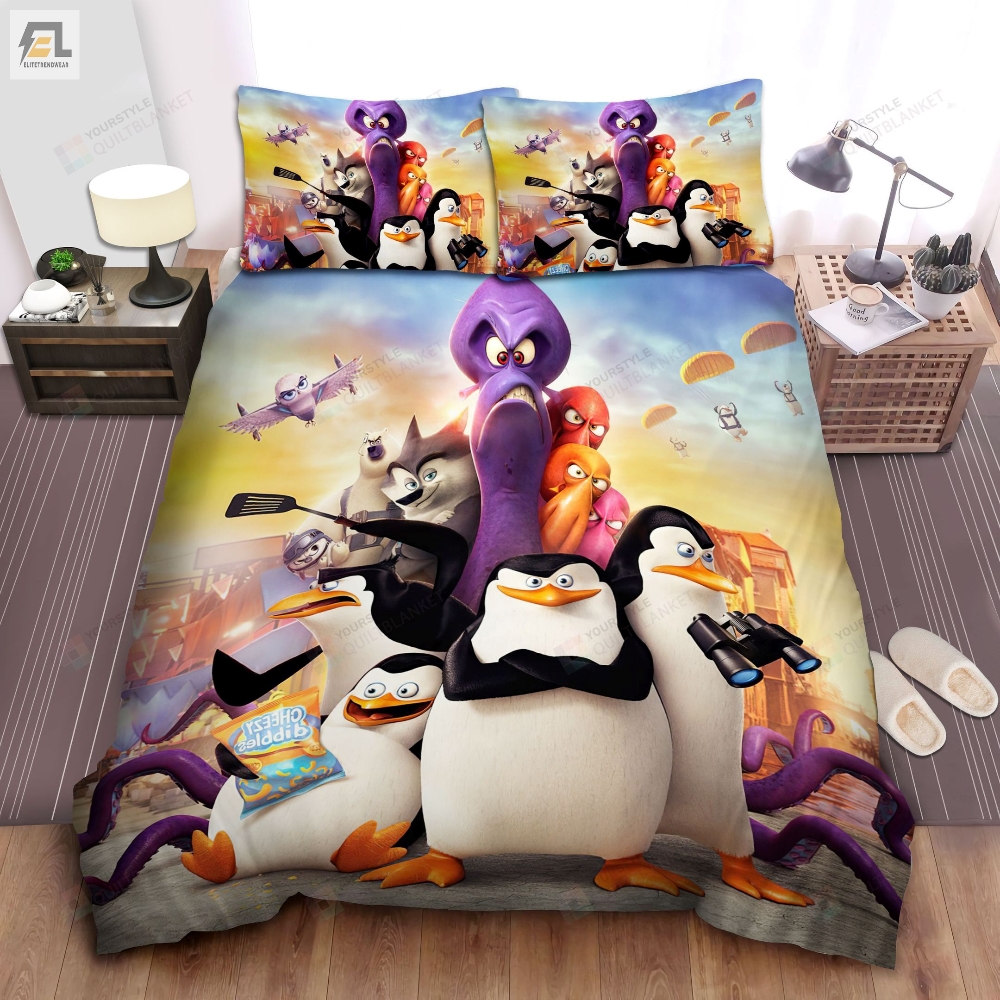 The Penguins Of Madagascar Vs Evil Characters Artwork Bed Sheets Spread Comforter Duvet Cover Bedding Sets 