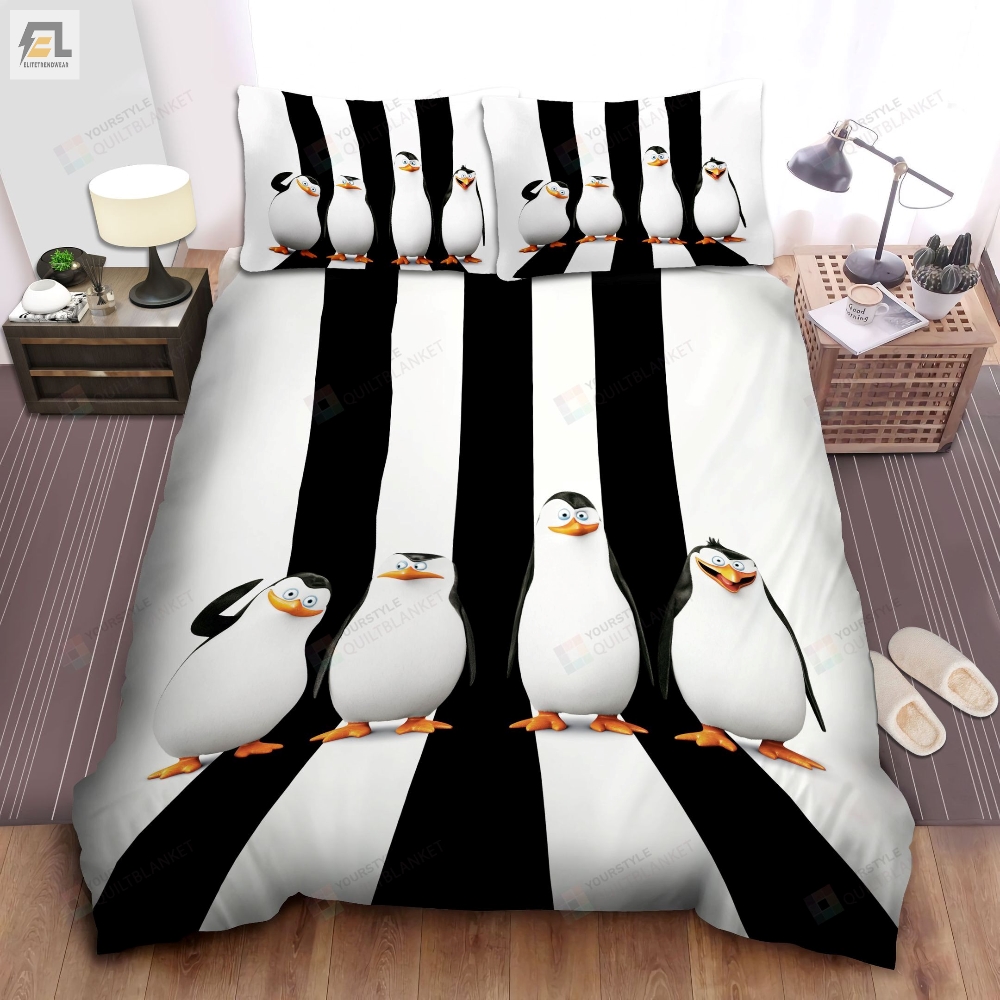 The Penguins Of Madagascar In Black  White Stripes Background Characters Artwork Bed Sheets Spread Comforter Duvet Cover Bedding Sets 