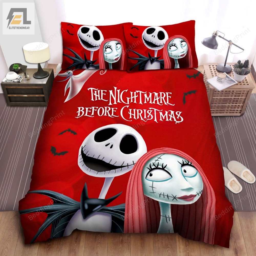 The Nightmare Before Christmas Jack  Sally On Red Theme Bed Sheets Duvet Cover Bedding Sets 