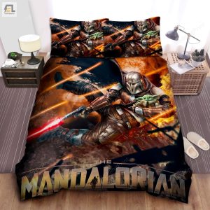 The Mandalorian Protecting Baby Grogu From Bullets Rain Bed Sheets Duvet Cover Bedding Sets elitetrendwear 1 1