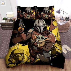 The Mandalorian And Baby Grogu In Cartoonish Illustration Bed Sheets Spread Comforter Duvet Cover Bedding Sets elitetrendwear 1 1